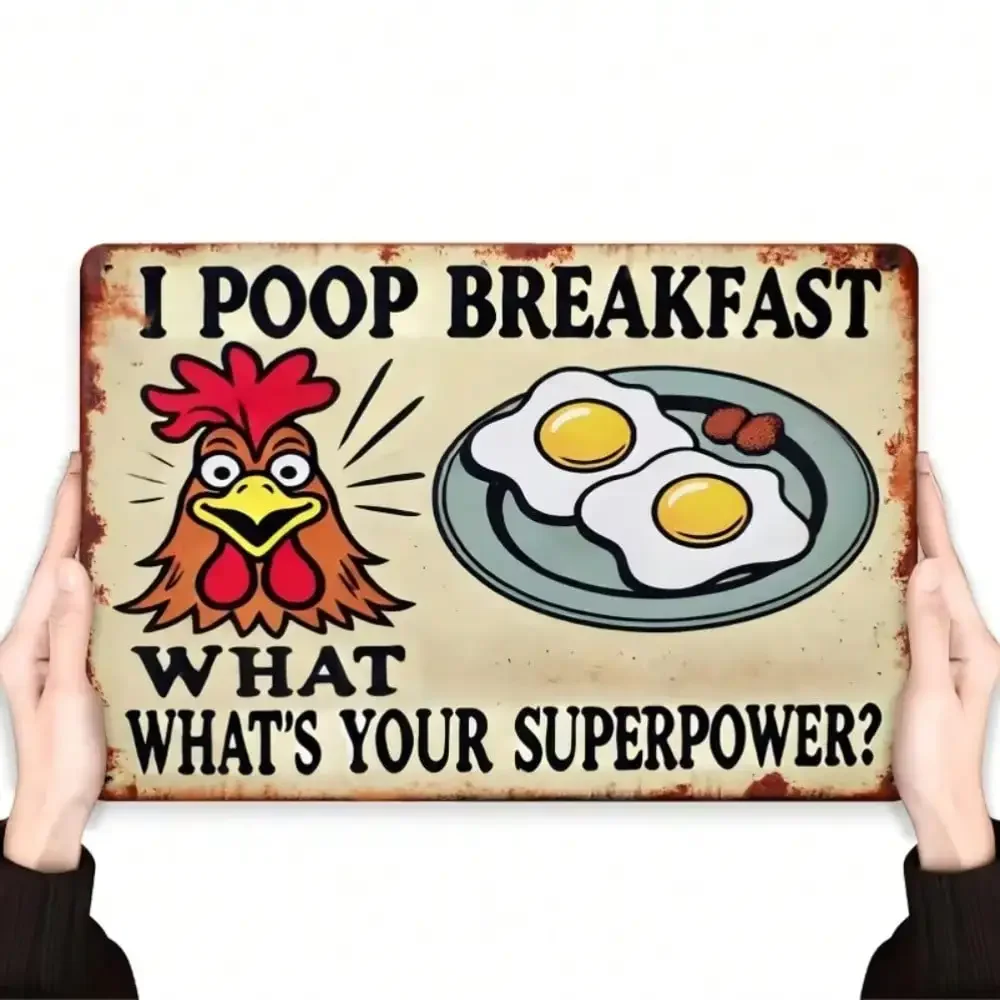 KitchenRusticArt Rustic Iron Art - Cartoon Rooster & Fried Eggs Design, 