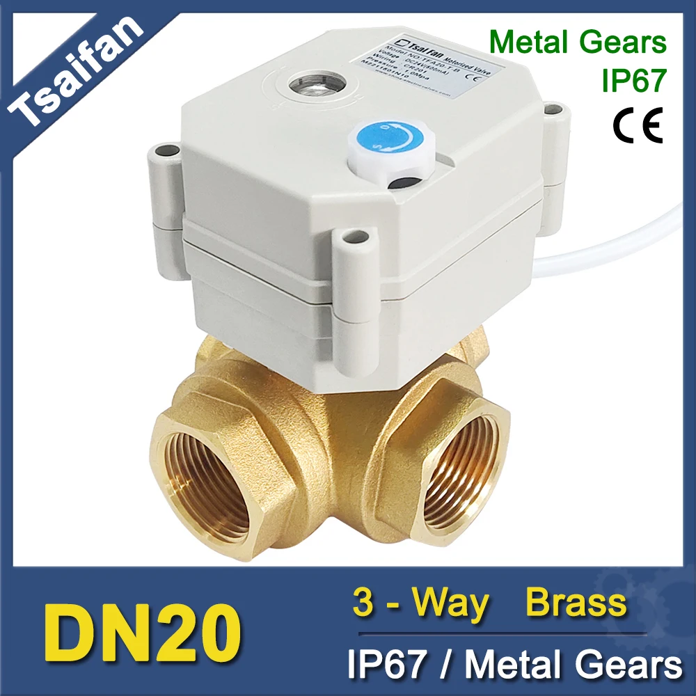 

3/4 '' 3-ходовой Т-образный диаметр L-образный латунный электрический шаровой клапан DN20 Электрический приводной клапан Металлические шестерни IP67 Сертифицированный CE