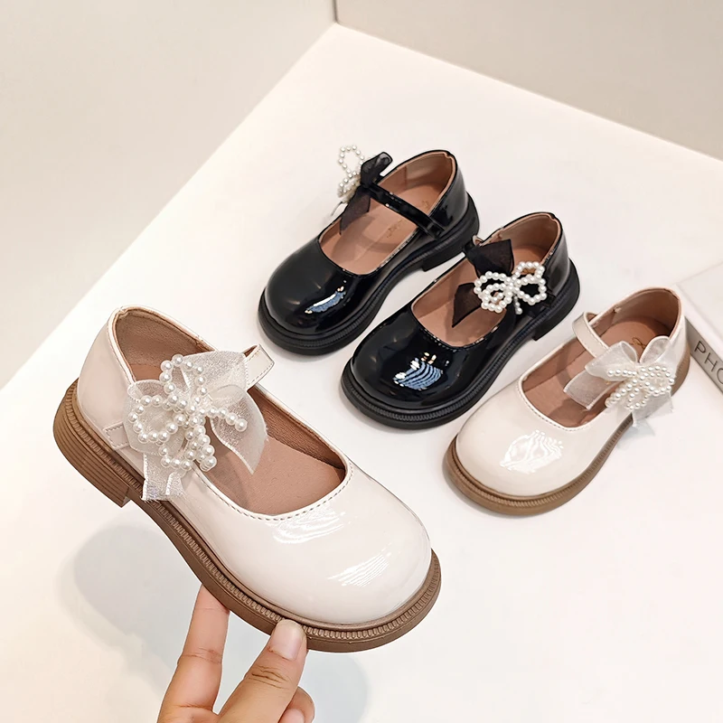 

Girls Leather Shoes for Party Wedding Children Mary Janes Shoes with Lace Bowknot Sweet Kids Pearls Princess Shoes Size 21-36