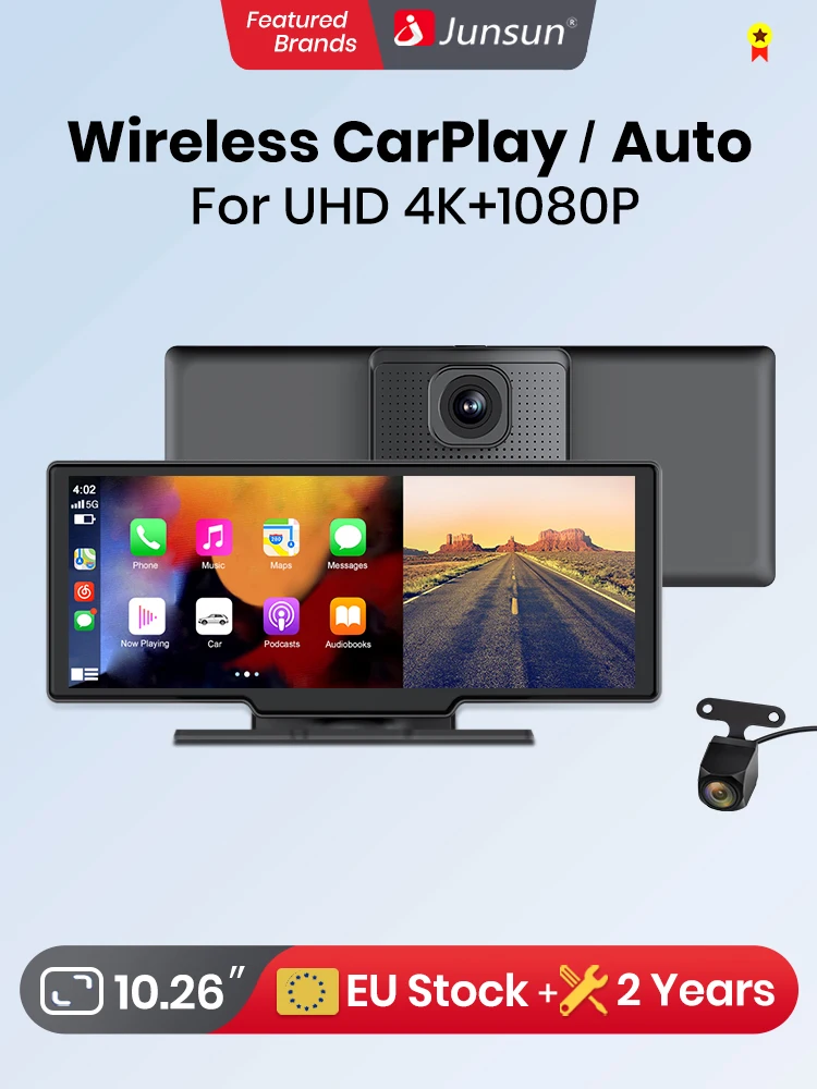 Junsun 10,26 inch Dashcam 4K Auto DVR Draadloze Carplay voor Apple Android Auto GPS Navigatie Dashboard Videorecorder IPS Touchscreen Dubbele Lens Achteruitrijcamera BT Audio AUX WIFI FM - afbeelding 2