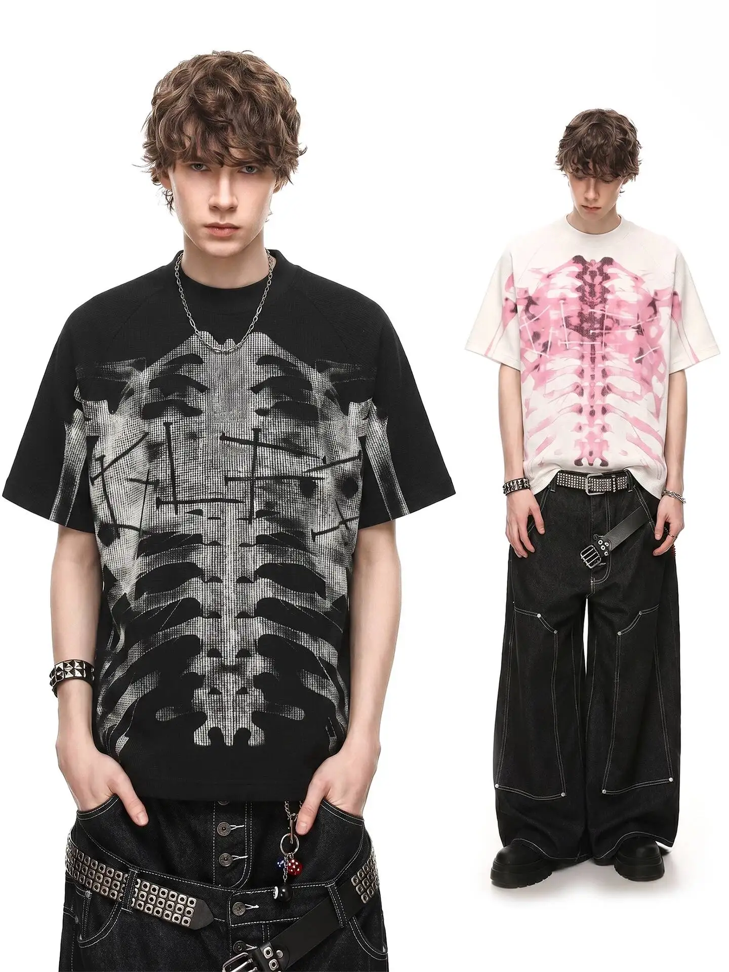 Men X-Ray Skeleton Dot Print Waffle Knit Short Sleeve T Shirt Dark Gothic Vintage Hip Hop Fashion