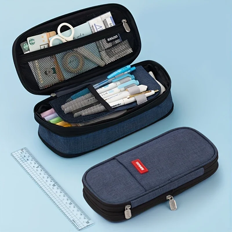 A double-layer canvas pencil case with a window, minimalist solid color, large capacity, macaron color scheme, dirt-resistant st