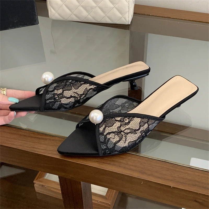 

Eilyken New Design Pearl Breathable Mesh Pointed Toe Women Slippers Elegant Shallow Thin Low Heels Party Summer Shoes