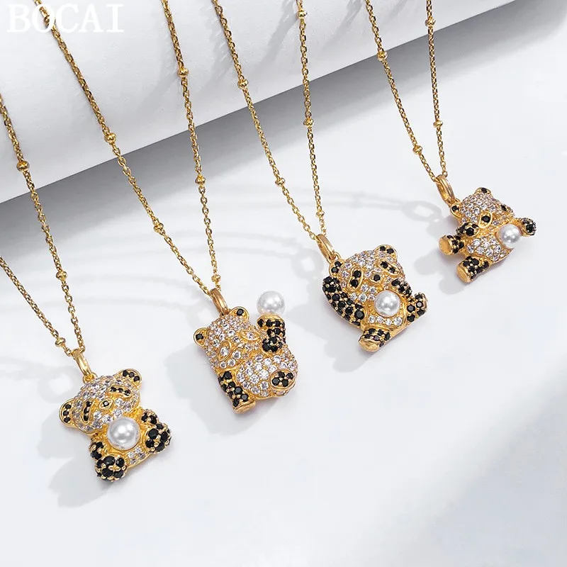 

S925 Sterling Silver Fashionable And Versatile Cute And Playful Stone Inlaid Animal Pearl Teddy Bear Pendant