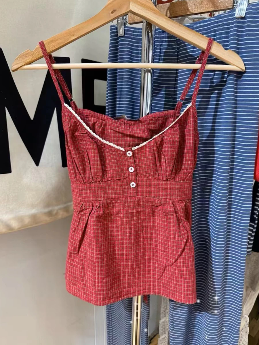 New Red Plaid Buttons Slim Tank Top Women Lace Trim V-neck Back Lace-up Cotton Camis Summer Vintage Sweet Sleeveless Vests Y2k