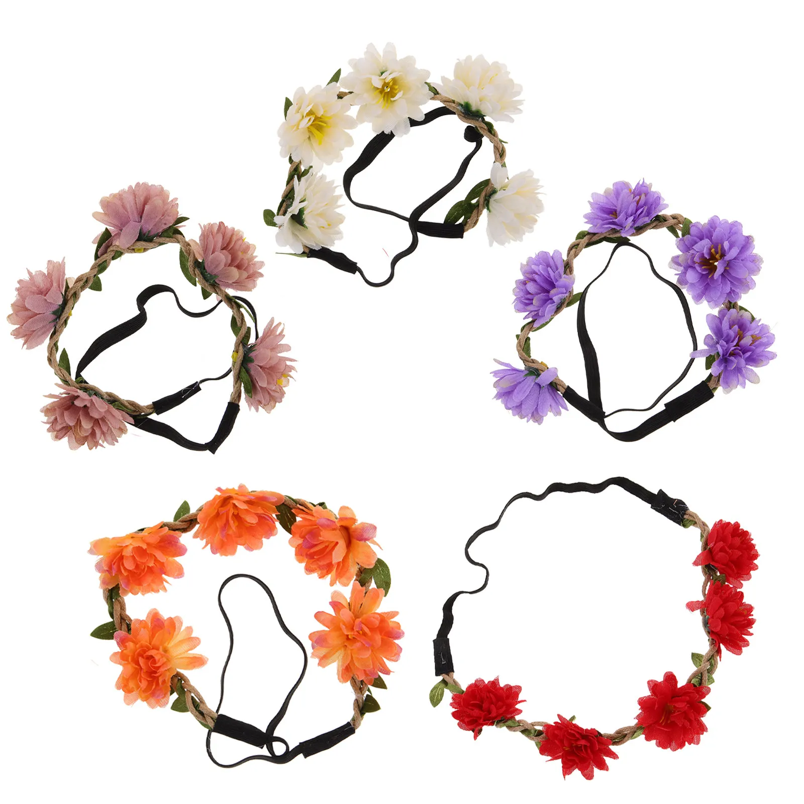 

Набор из 5 женских повязок на голову с цветами ромашки, с маленькими тканевыми цветами, плетеная веревка, длинная регулируемая повязка для волос с цветами для свадеб, фестивалей, вечеринок