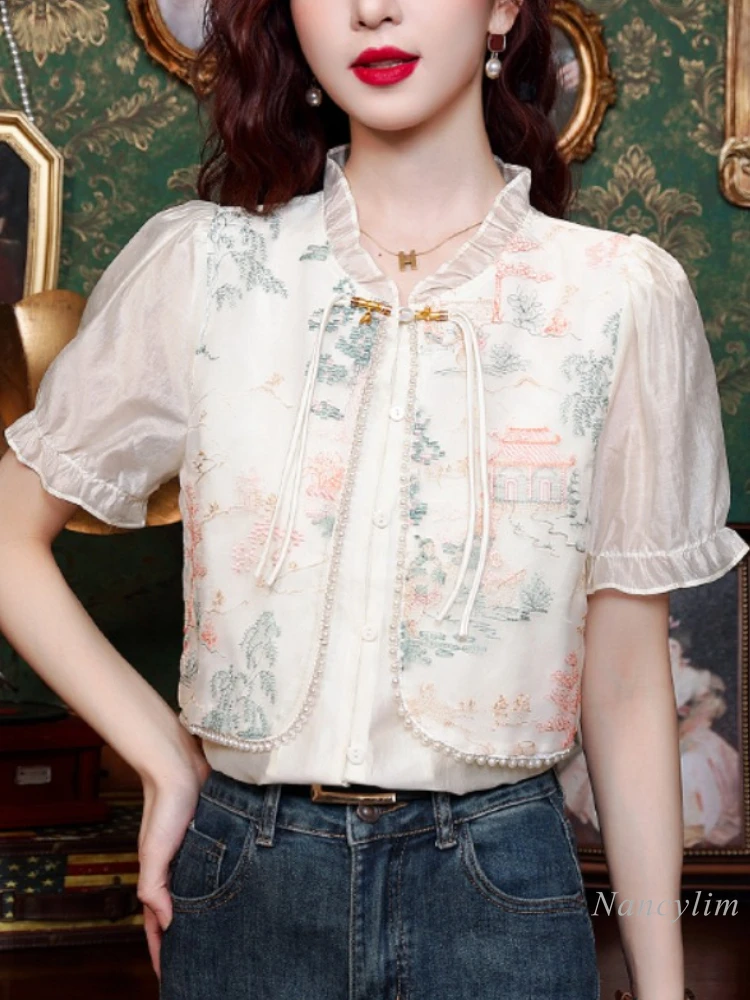 

Новинка, шифоновая рубашка в китайском стиле с коротким рукавом, женская летняя Новинка 2024, рубашка с красивым цветочным принтом, топ с пышными рукавами