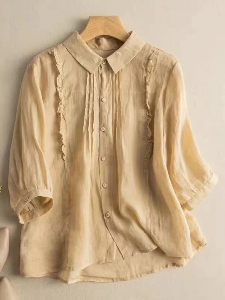 Femme coton lin ort Sve irt col Seven Sve coton lin mélange coupe ample longueur régulière trajet Sle