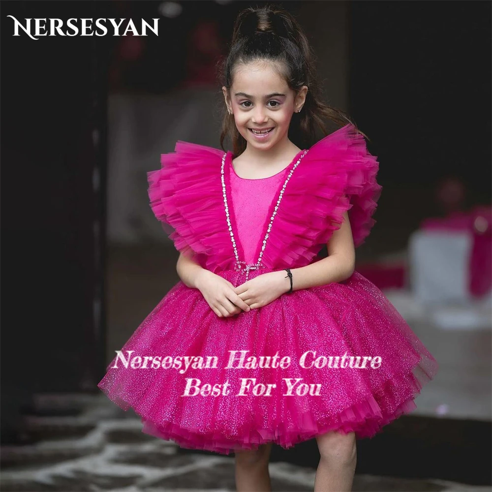 Nersesyan Fuchsia Glitter Flower Girls Dresses For Wedding A-Line Ruched Sparkly Birthday Party Gowns Solid Sequins Child Dress