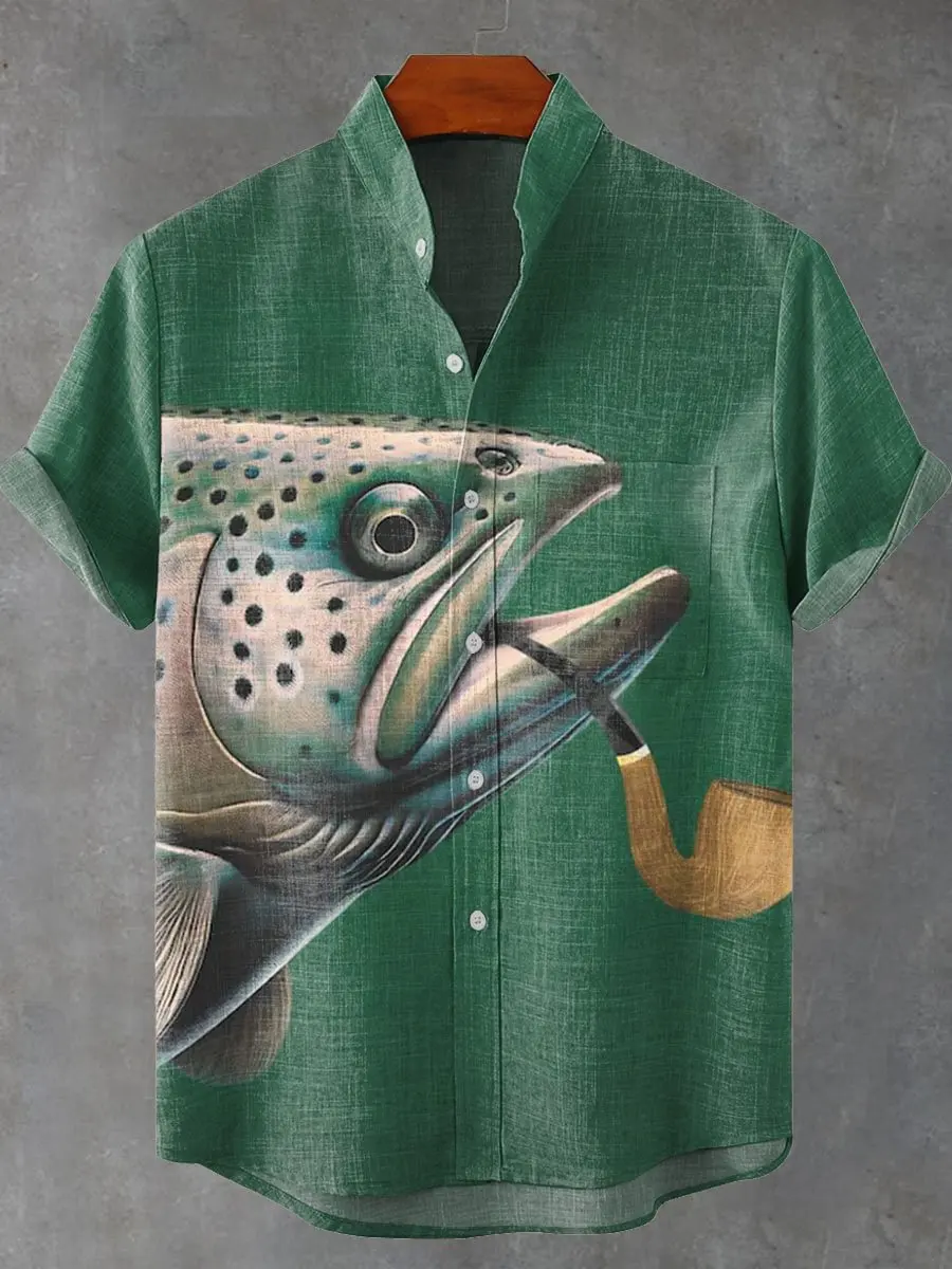 

Fashionable 3D printed sea fish pattern men's summer casual loose linen pocket short button up shirt