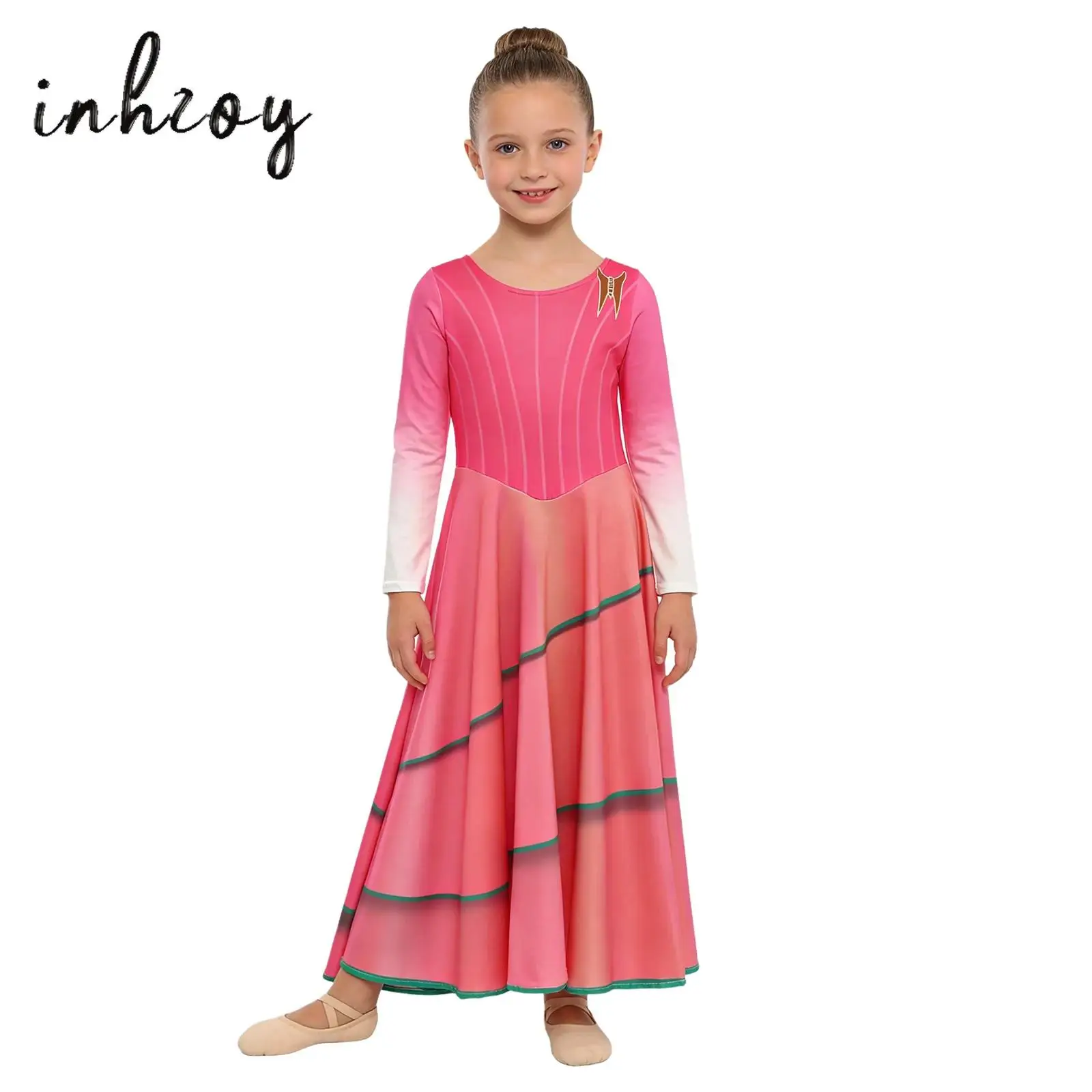 キッズガールズマジックウィッチコスプレ衣装ラウンドネック長袖プリントドレスハロウィンロールプレイパーティーステージパフォーマンス用