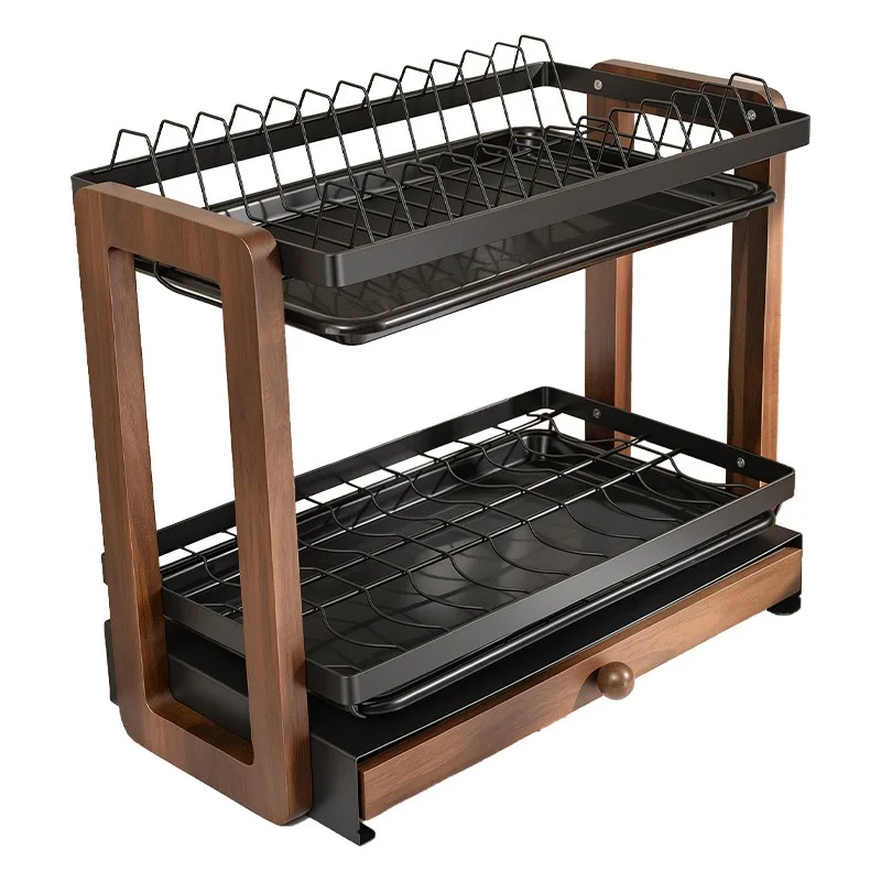 Egouttoir-de-rangement-multi-niveaux-pour-vaisselle-de-cuisine-en-noyer-pour-comptoir