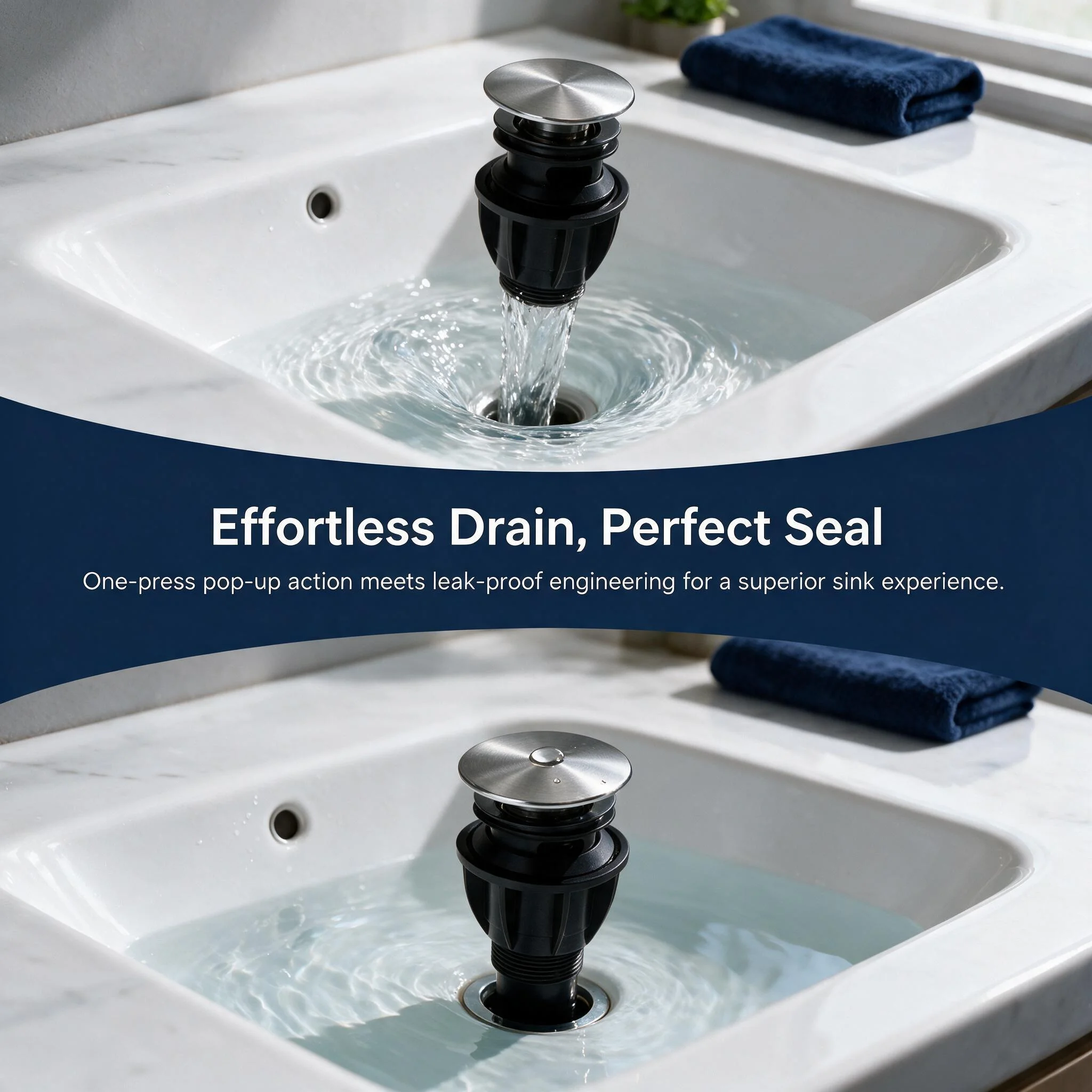 Matte-Black Large-Cover Pop-Up Drain for Wash Basin Straight-Edge Pre-Hole Anti-Odor Plastic Kitchen Bathroom Drain