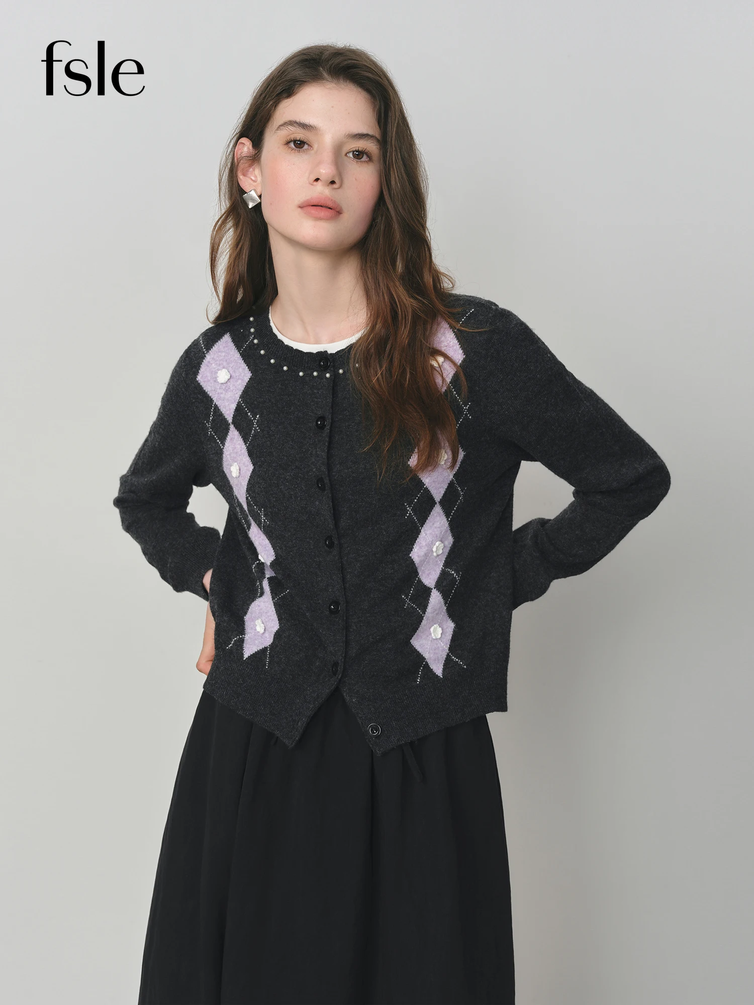 

​FSLE Autumn 2025 Women's Textured Diamond Knit Cardigan - Colorblock Intarsia Floral Jacquard Open Front Loose Fit Casual