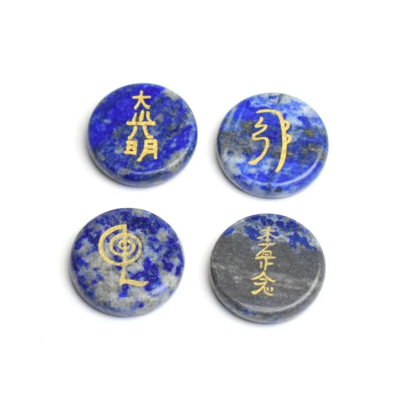 4 Piece Small Size Natural Chakra Semi-precious Stone Quartz Lapis Amethyst Engraved Crystal Healing Reiki Religion Symbols Set