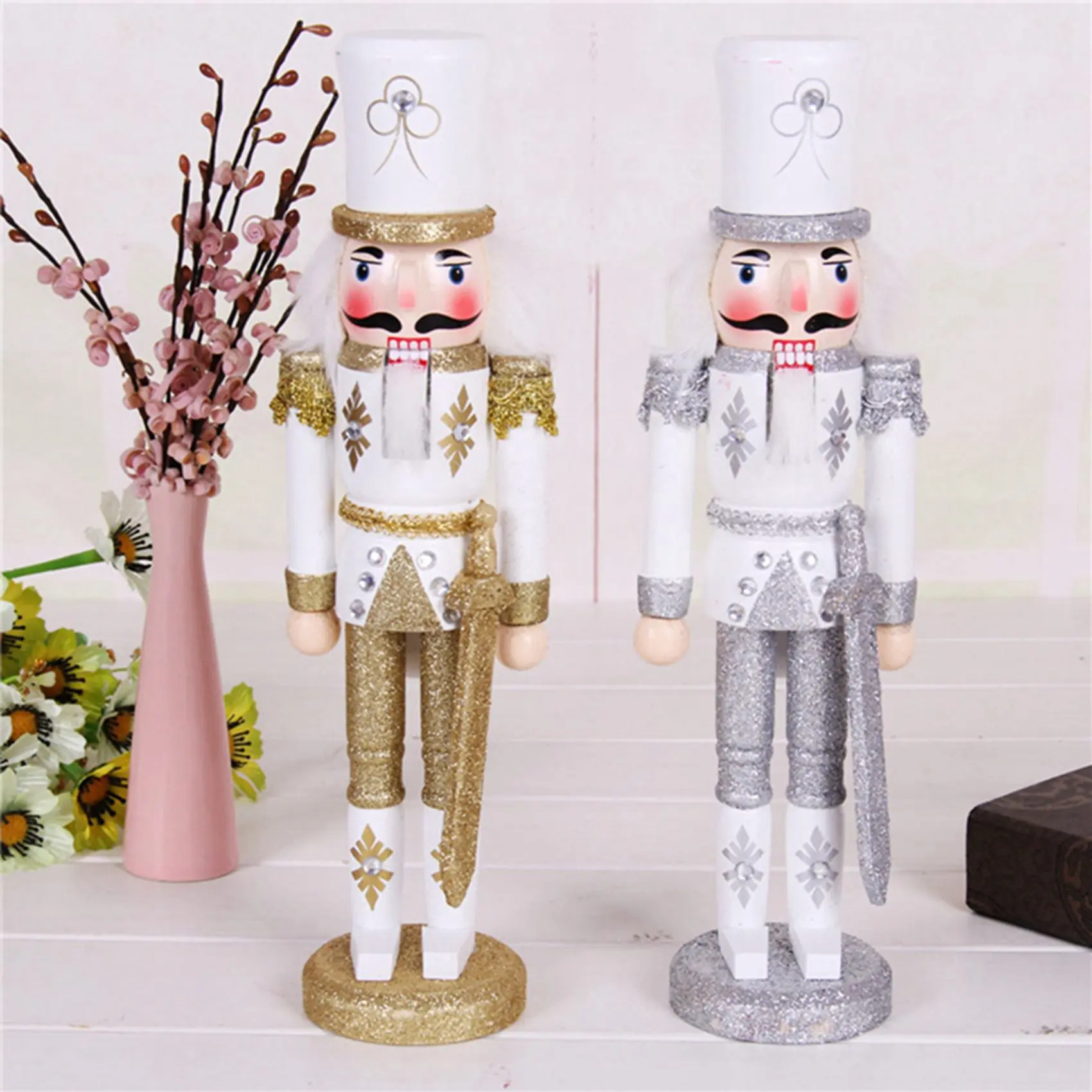 A88M 30CM Christmas Decorations Nutcracker Puppet Creative Wooden Handicraft Christmas Desktop Decorations Silver