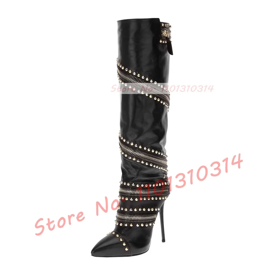 

Crystal Wrap Knee-length Boots Women Leather Splicing Zipper Decor New In Pointy Stiletto High Heel Boots Big Size Fashion Shoes