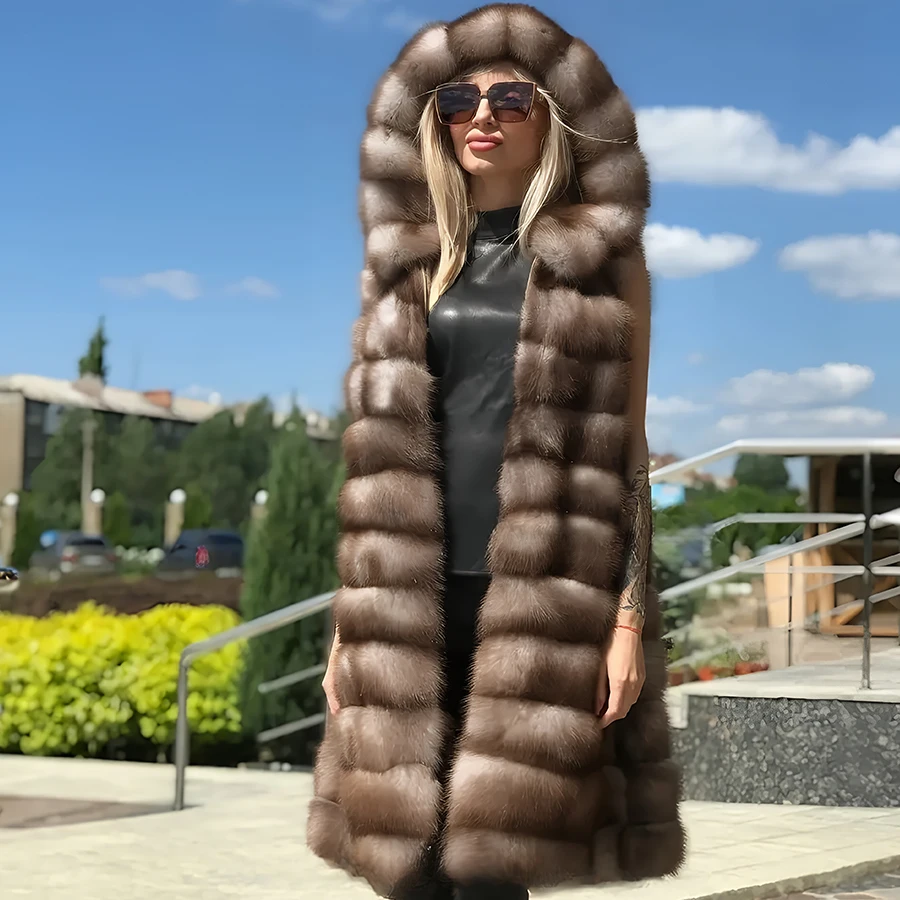 

Real Fur Vest With Hood Women Vest Long Natural Fox Fur Vests Winter Warm Fur Jacket 2024 New Fashion Luxury Womens Clothing