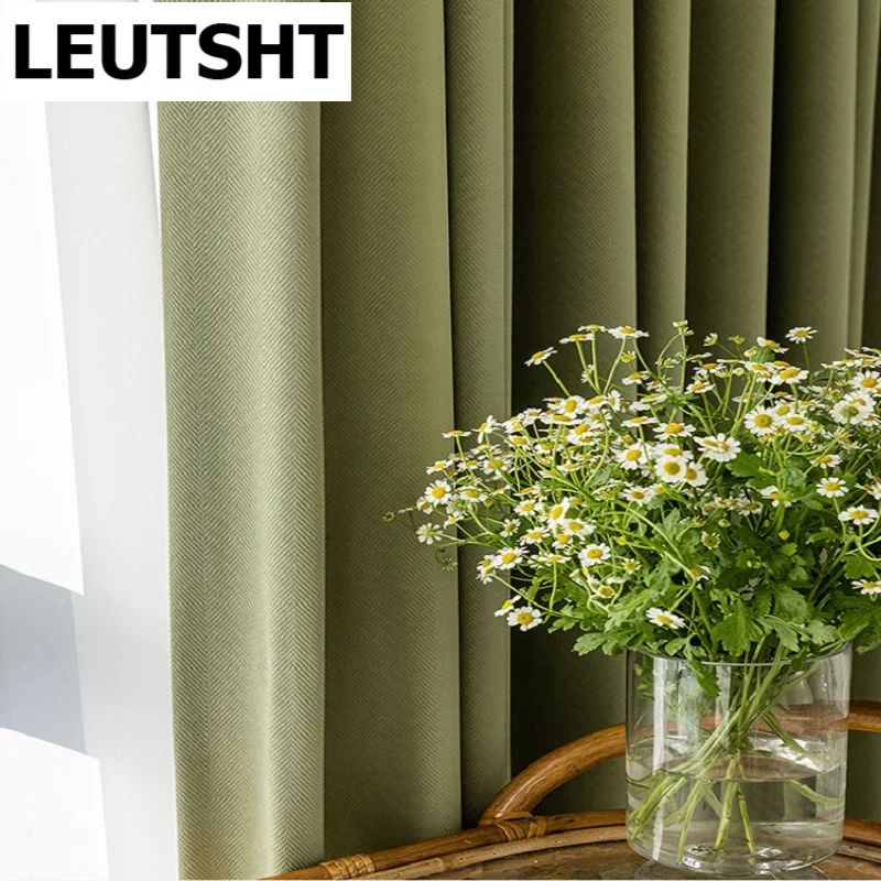 

Nordic Curtains for Living dining Room Bedroom Light Luxury Simple Matcha Green Herringbone Flannel Curtain French Window