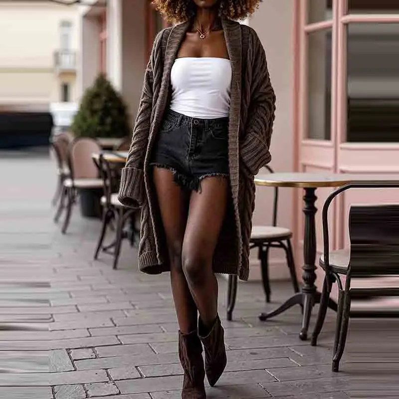 女性のエレガントな V ネックツイストロングアウターコート秋のファッションハイストリートソリッドカラージャケットカジュアル長袖ルーズカーディガン