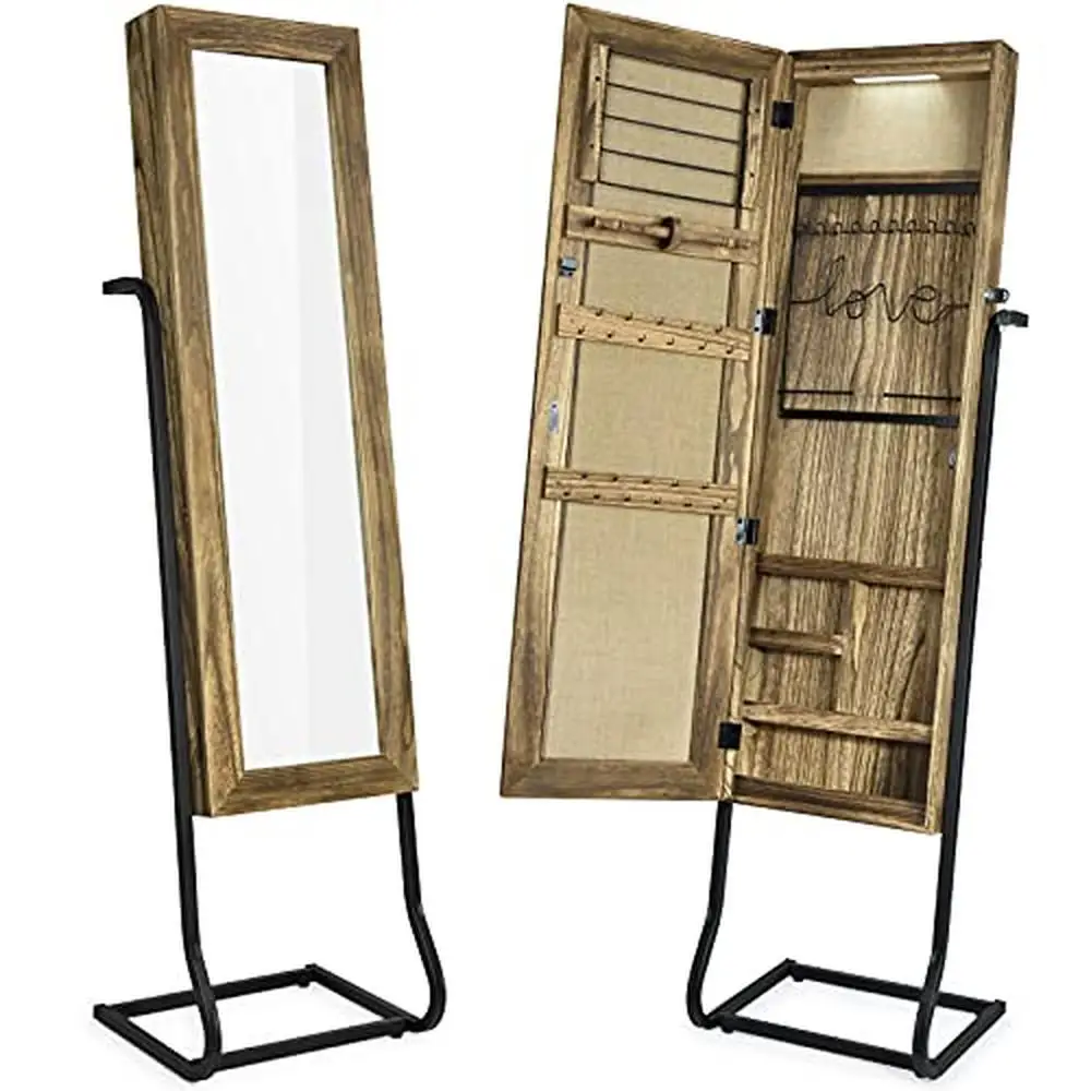 Standing Vintage Jewelry Armoire Cabinet with Full Length Mirror Lockable and Magnetic Door Solid Wood Organizer Earrings