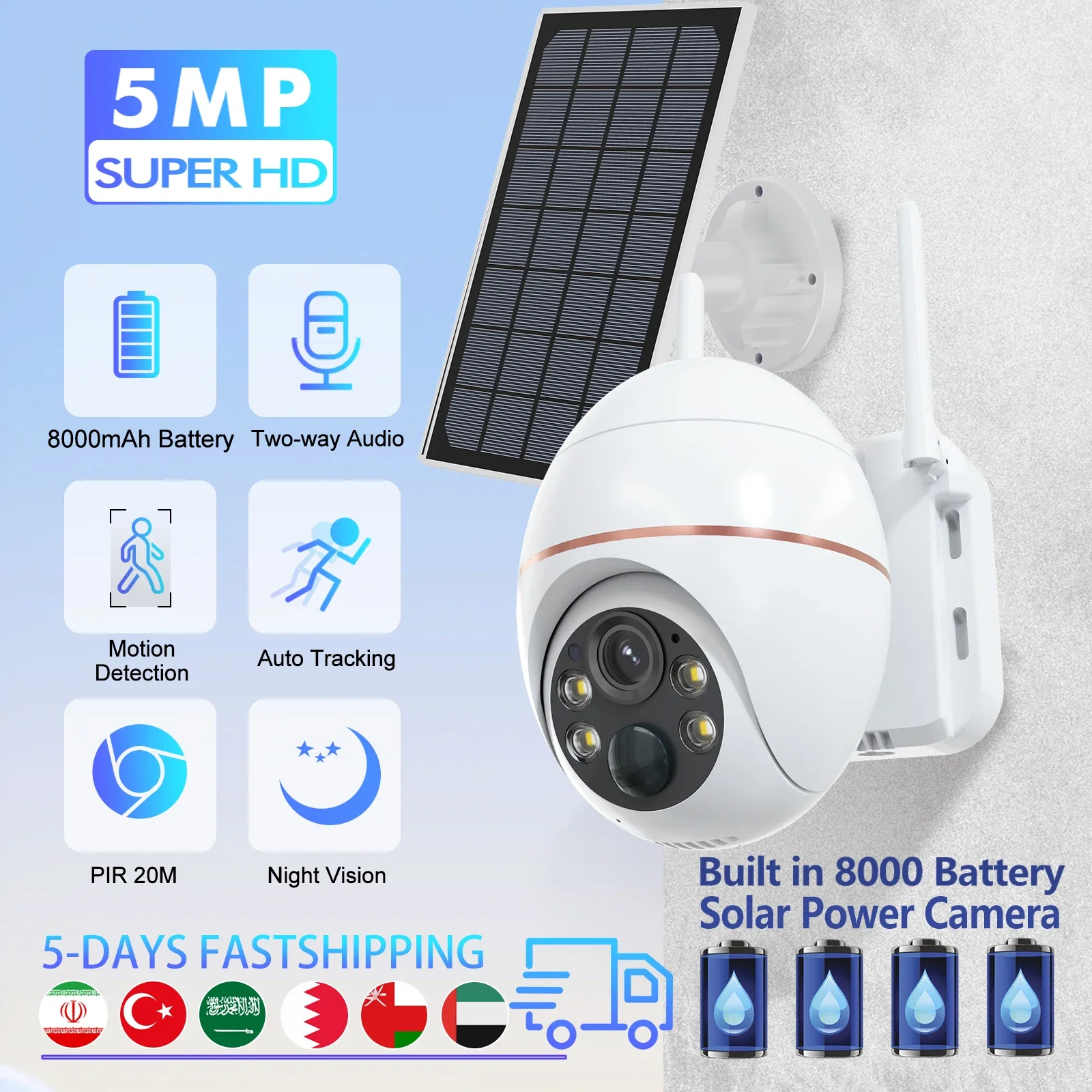 

5MP Solar WIFI Camera 8000mAh Battery PTZ Surveillance IP Cameras Wireless PIR Human Tracking CCTV HD Outdoor Waterproof 5X Zoom