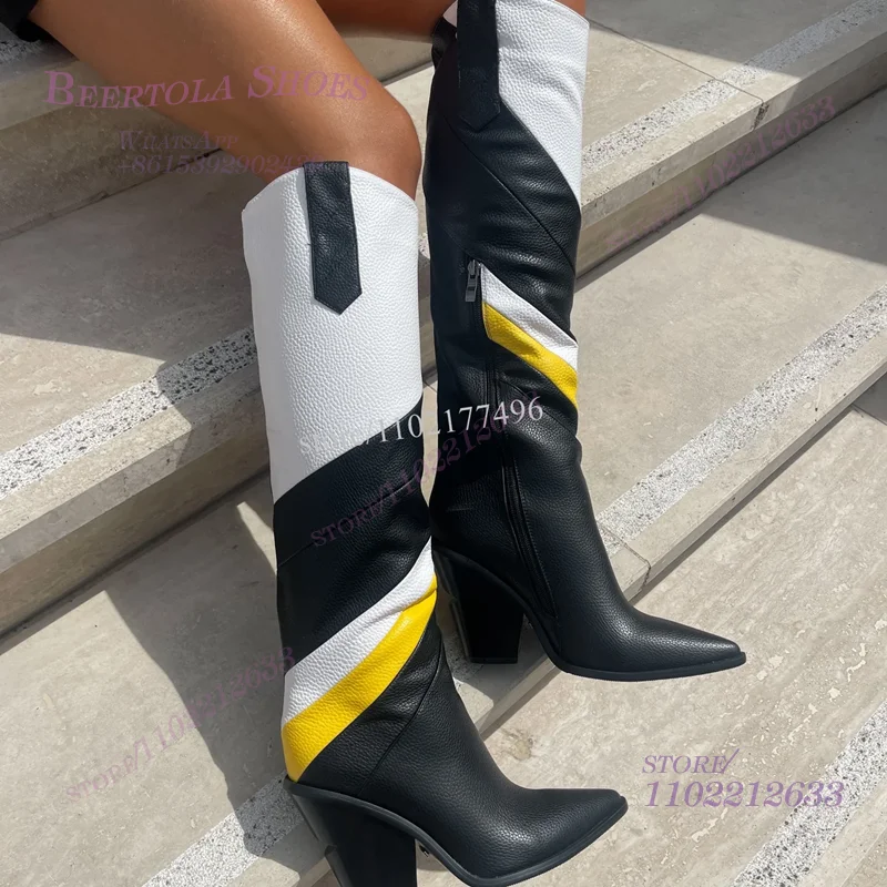 Women Graffiti Knee Boots Textured Leather White Yellow Black Colorblock Blocks Short Heel Pointed Zip Booties Brand Design Shoe