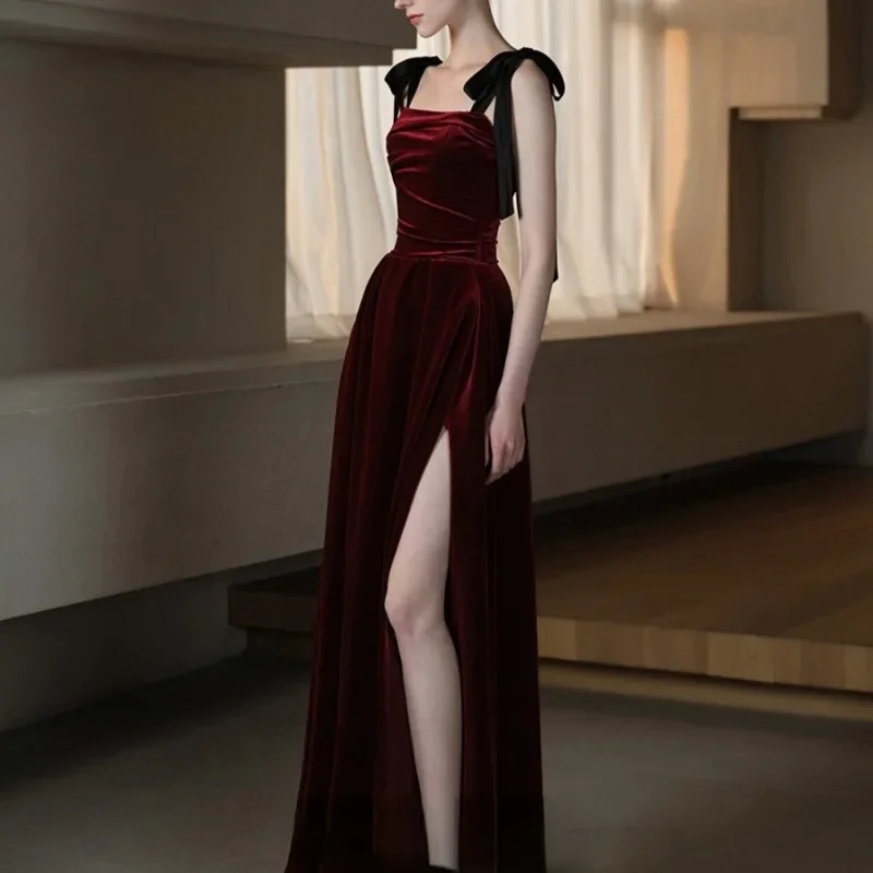 

Autumn Strap Velour Formal Evening Dress 2024 Sweet Red Wedding Party Split Dresses Sleeveless A-line Prom Gown Vestidos