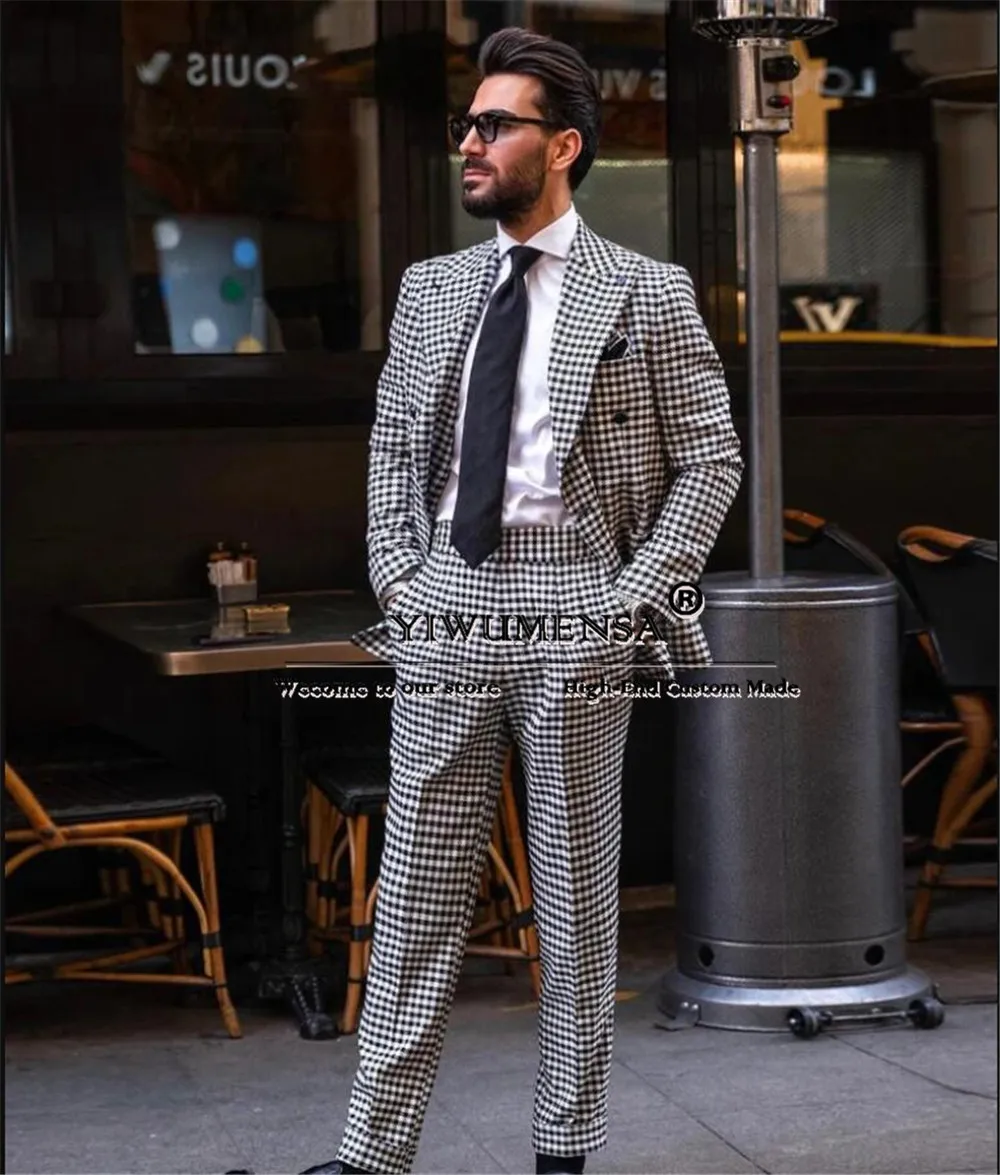 Business Men Suits Houndstooth Plaid Jacket Pants 2 Piece Groom Tuxedo Double Breasted Bridegroom Tuxedos Bespoke Man Clothing