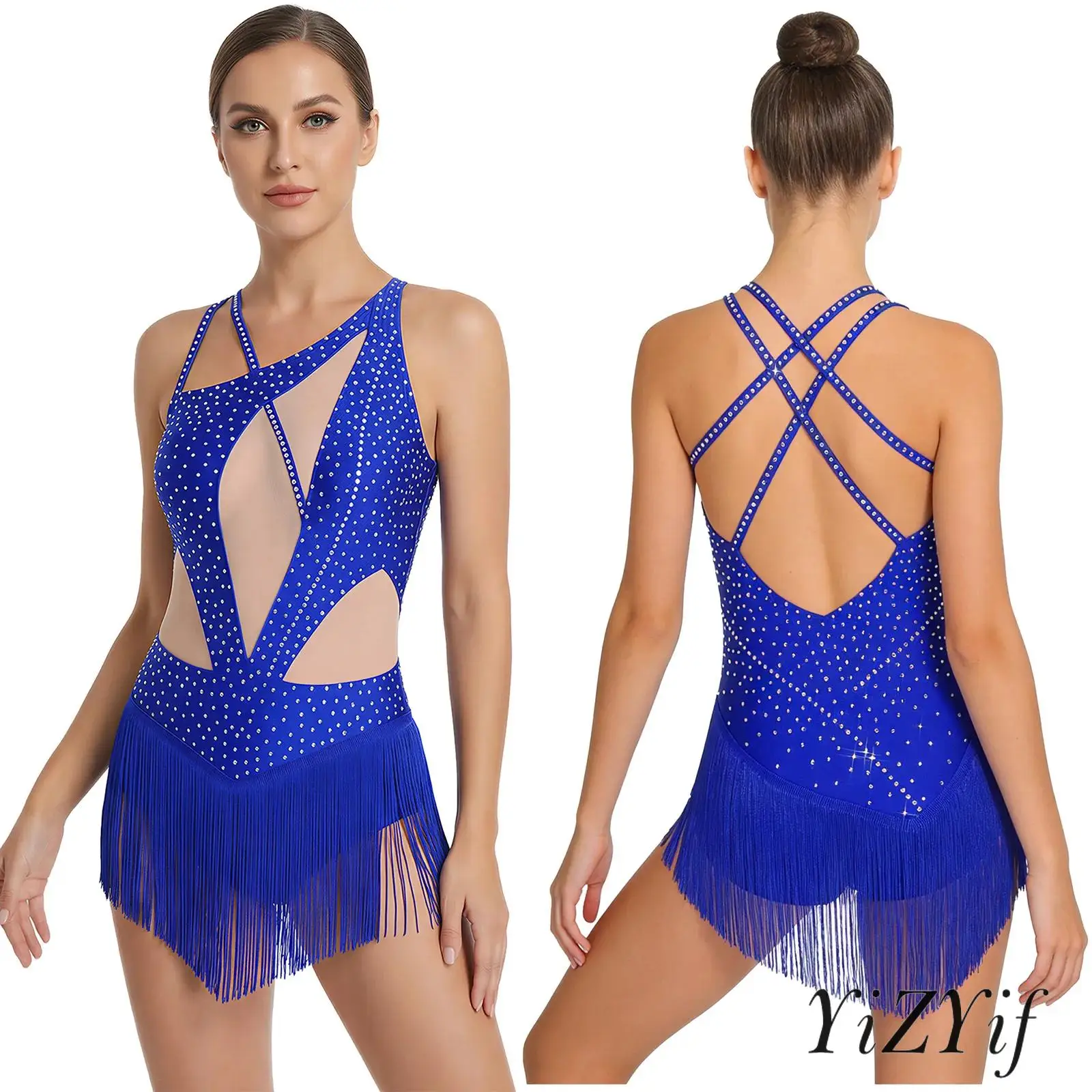 

Женский комбинезон для латиноамериканских танцев с камнями, прозрачной сеткой, пайетками, бахромой на талии, на бретелях, без спинки, для латины и танго