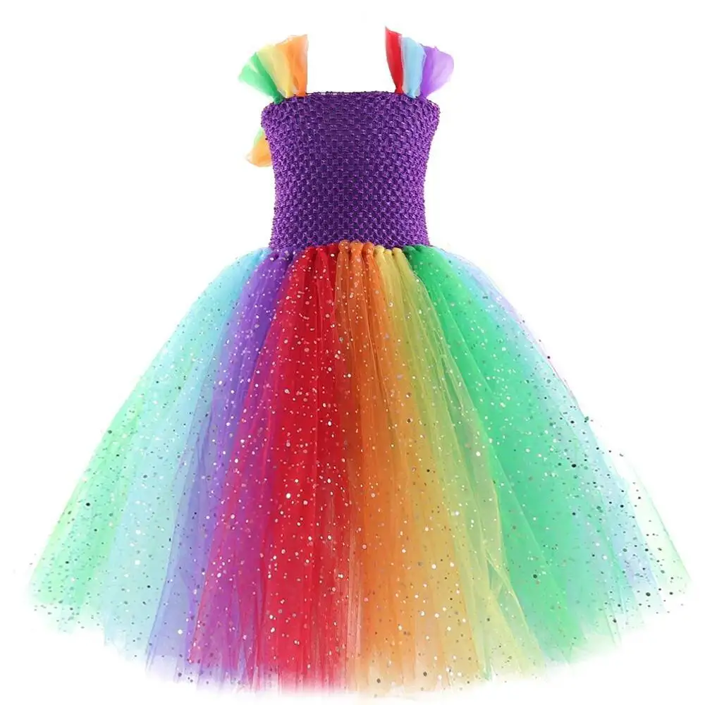 Silver Sparkles Rainbow Long Costumes for Girls Colorful Sequin Tulle Dress with Flower Hairband Kids Birthday Halloween Outfit