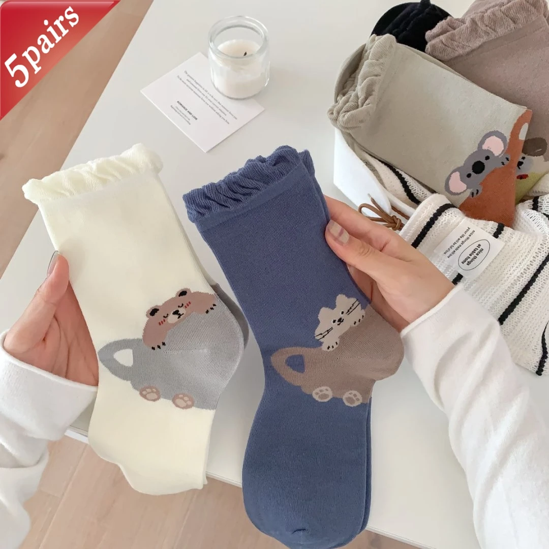 

5 Pairs Women's Socks Set Japanese Cartoon Animal Kawaii Cute Sweet Versatile Mid Tube Socks Comfortable Breathable Cotton Socks