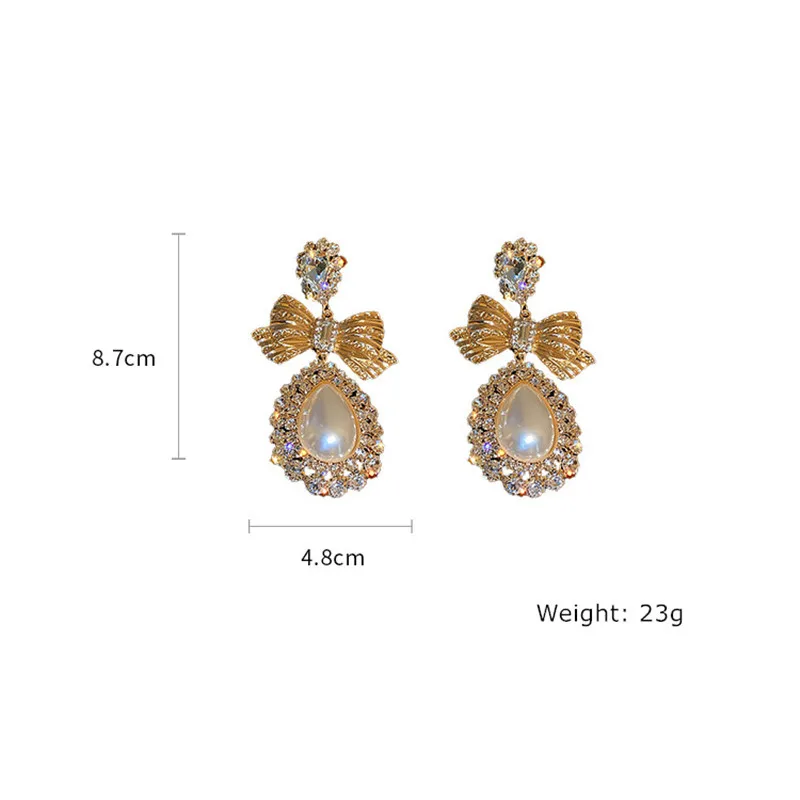 FYUAN Vintage Gold Color Bowknot Crystal Earrings for Women Oversize Water Drop Pearl Dangle Earrings Statement Jewelry