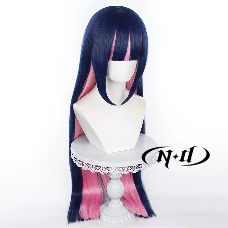 أنيمي اللباس الداخلي والجوارب تأثيري الباروكات مع حزام الرباط ، طويل مستقيم الشعر الاصطناعية ، الأزرق والوردي ، ألوان مختلطة ، الجوارب الثانية ، الفوضى
