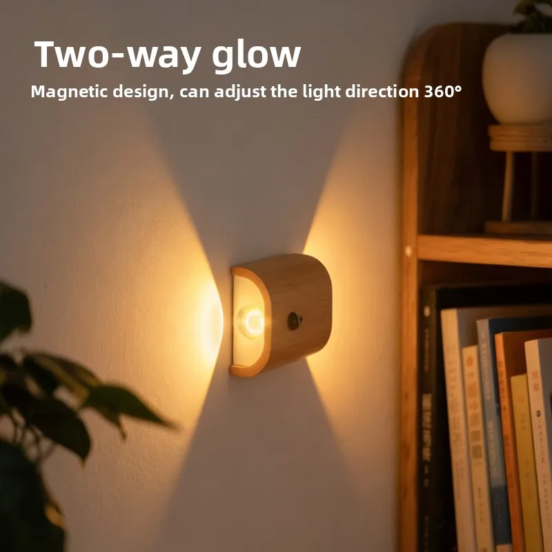 Solid Wood Linked Motion Sensor Wall Lamp, Simple Home Cross-border Human Body Infrared Ambience Night Light Gift