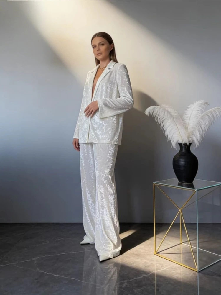 

Tsiisd Fashion Casual Solid Shiny 2 Piece-Set Pants Sets Women Loose Long Sleeve High Waist Wide-Leg Pants Sets Female Outfits