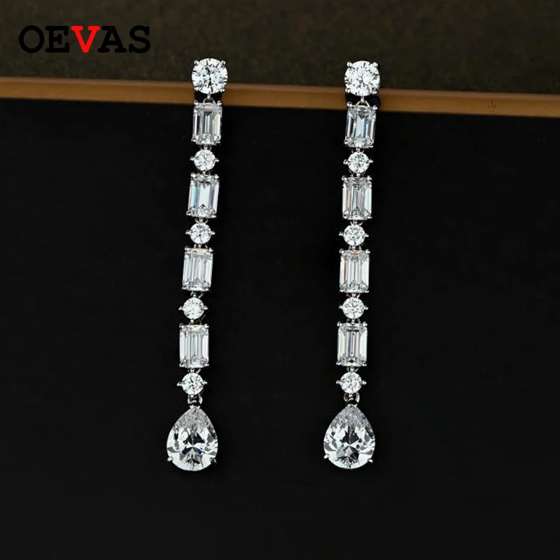 OEVAS 100% 925 Sterling Silver High Carbon Diamond Long Drop Earrings For Women Wedding Engagement Party Fine Jewelry Wholesale