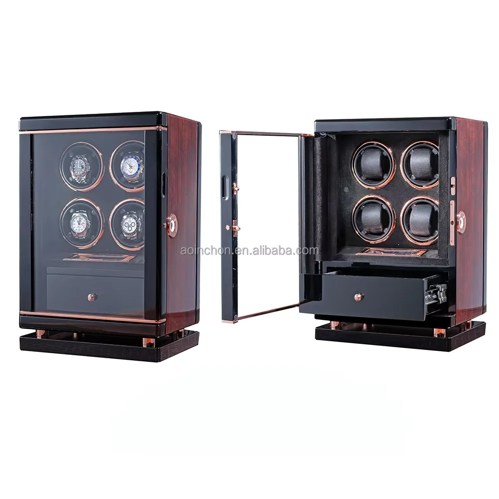 

Custom Logo High-End 4-Slot Automatic Watch Winder Box Rectangle Wood Material White LED Light Fingerprint Access Protective
