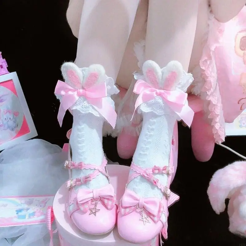 195E ロリータかわいい バニー耳綿クルーソックス女性ガールフリルフリルレースリボンちょう結びニットハート縞模様