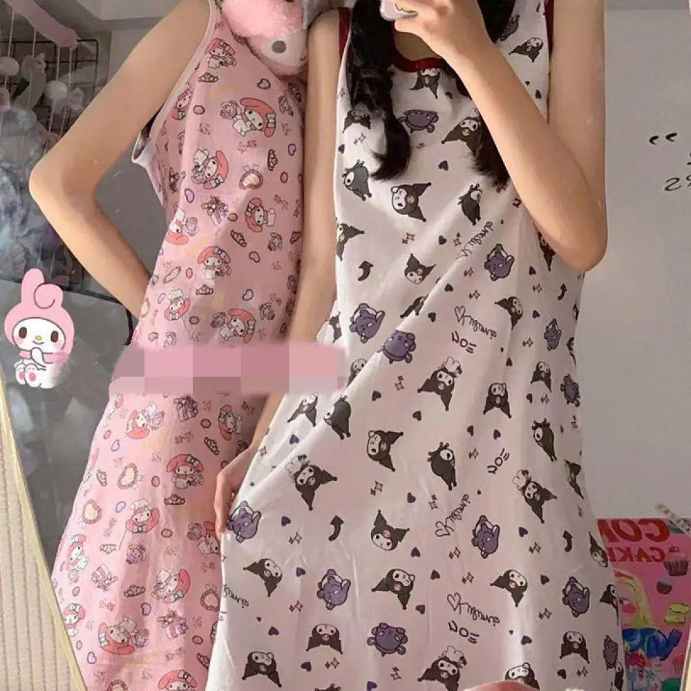 Cute Nightdress Sanrios Kuromi My Melody Pajamas Skirt Hello Kitty Cartoon Summer Sleeveless Tank Top Skirt Anime Homewear Girl