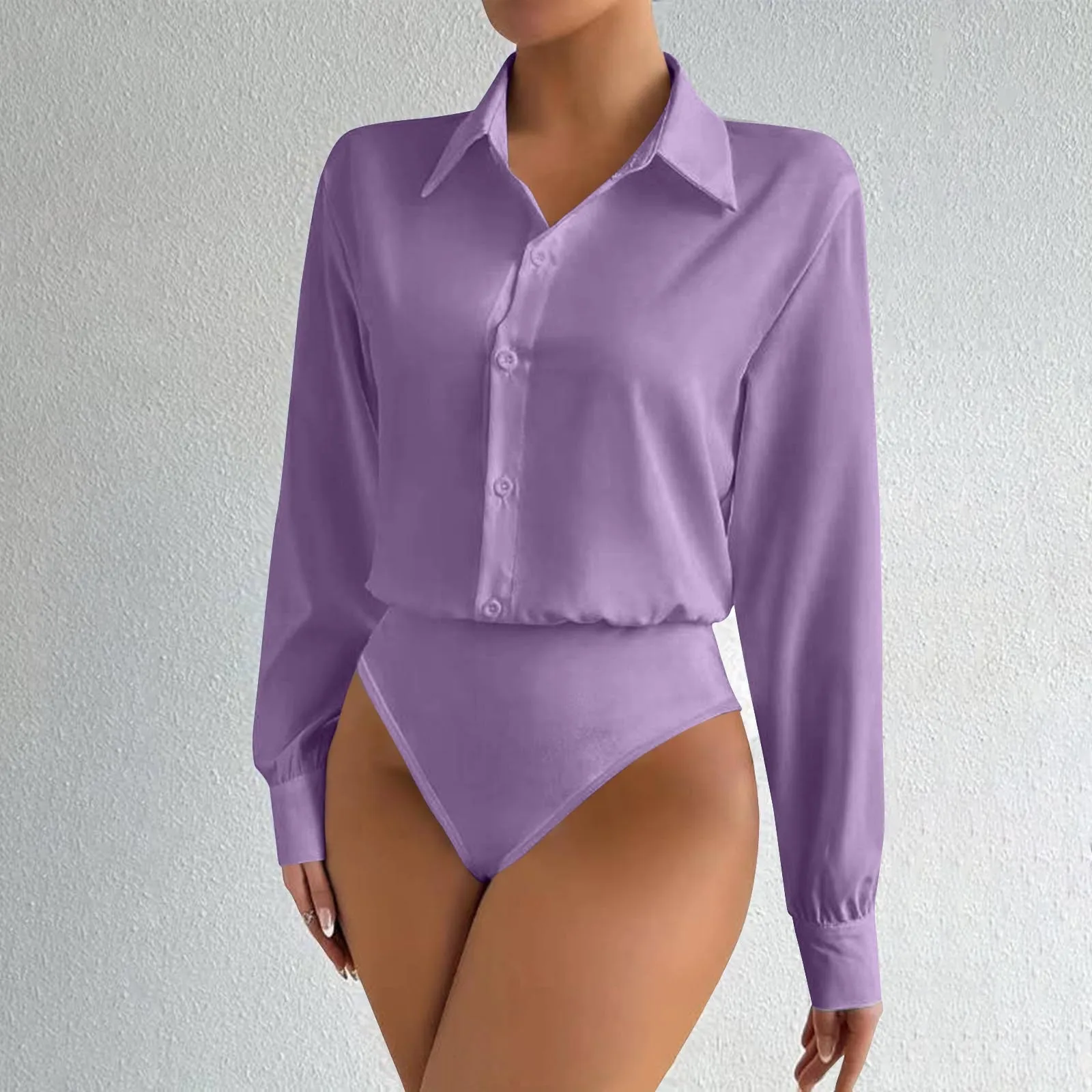 Damen Satin-Hemdbluse mit Oversized-Reverskragen, Knopfleiste, Langen Ärmeln, Seidiger Bluse-Body, Elegantes Büro-Outfit, Jumpsuit-Oberteil – Detail 9