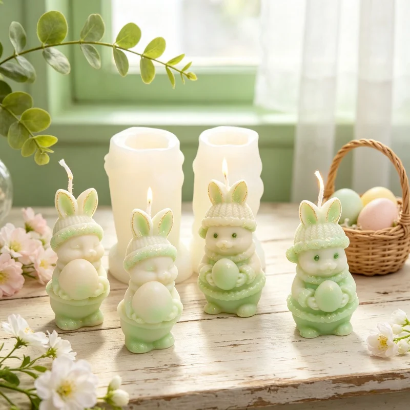 3D Easter Bunny Silicone Candle Mold, Cute Rabbit Holding Egg with Hat Wax Mould for DIY Resin Plaster