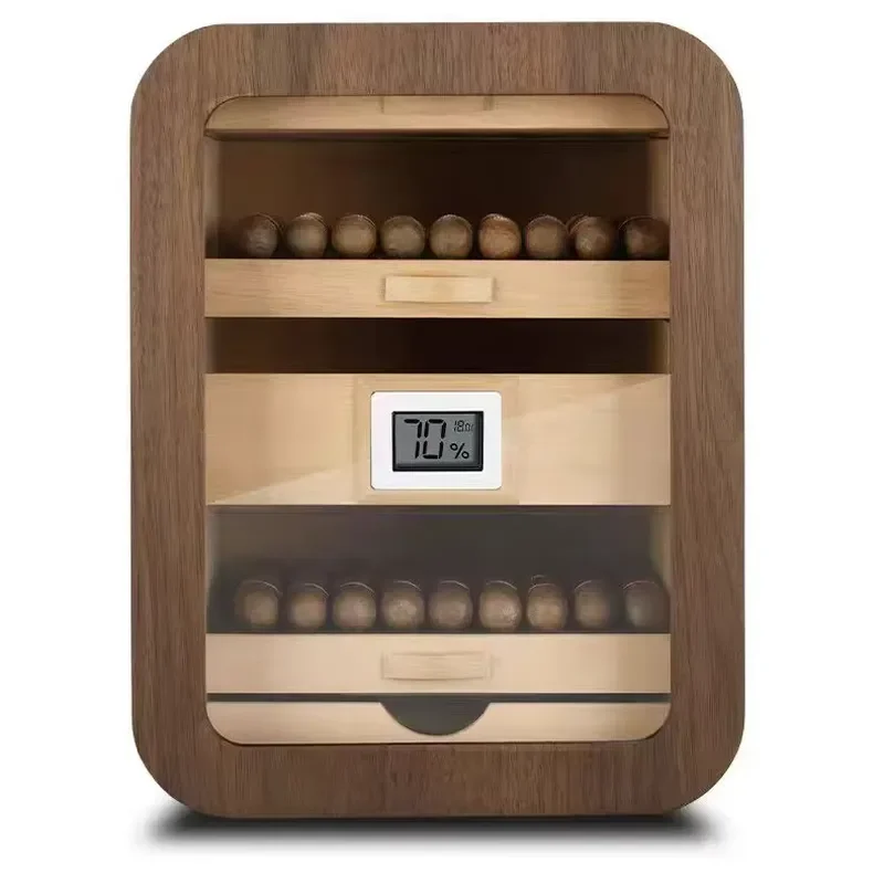 Spanish Cedar Wood Cigar Humidor Cabinet 3 Layer Desktop Box with Digital Hygrometer Glass Window Holds 50 to 80 Cigars