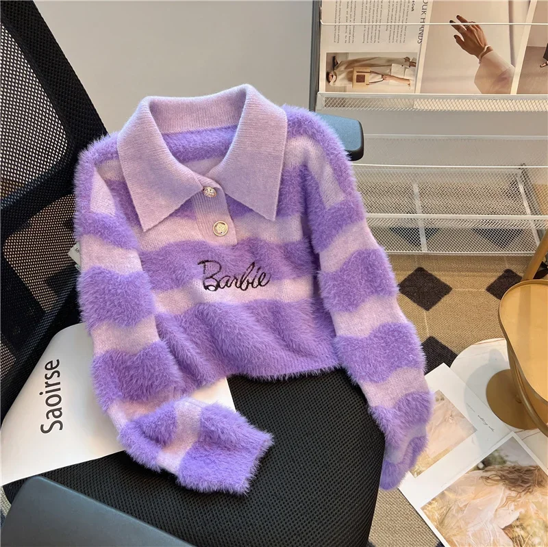 Barbie Polo Collar Striped Sweater Girl\'s Autumn Winter Lazy Loose Bottoming Anime Kawaii Sweater Short Letter Embroidered Top