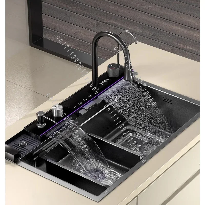 Large Single Slot Honeycomb Kitchen Sink, Nano Digital Embossing Rain Dance Waterfall Basin