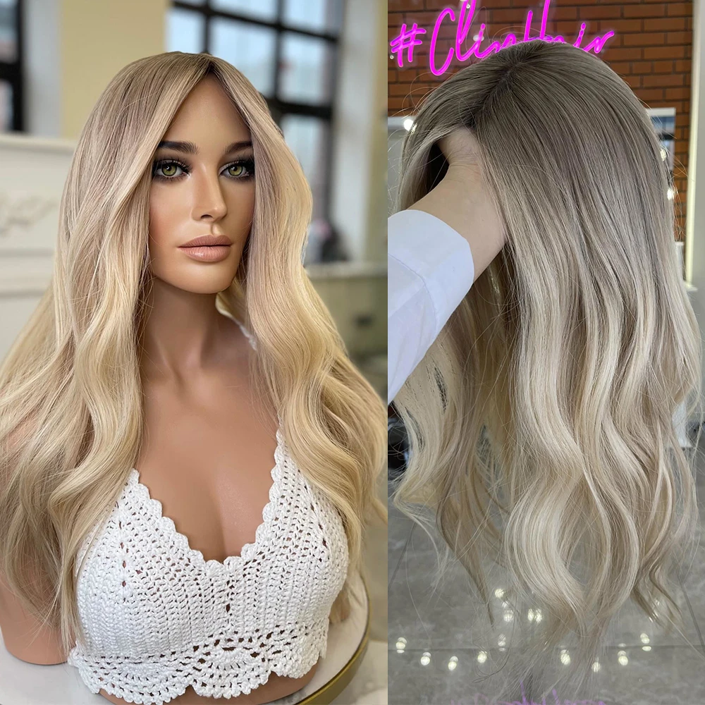 

Slightly Wavy Balayage Highlights Wig Ash Blonde Full Lace Wigs Virgin Human Hair Natural Roots 13x6 HD Lace Front Wig for Women