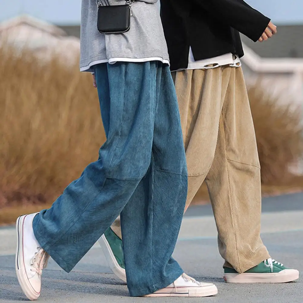 

Autumn Men Pants Solid Color Wide Leg Elastic Waist Loose Straight Corduroy Trousers Relaxed Fit Corduroy Pants for Jogging