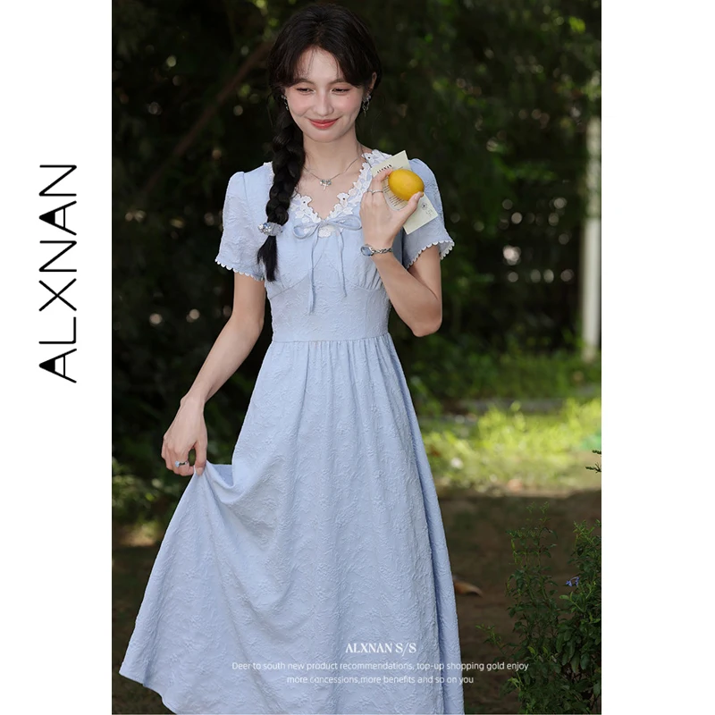 

ALXNAN Blue Dress 2026 Summer V-neck Lace Stitching Long Party Dresses Casual Elegant Short Sleeve Dress for Women 2026 QJD00372