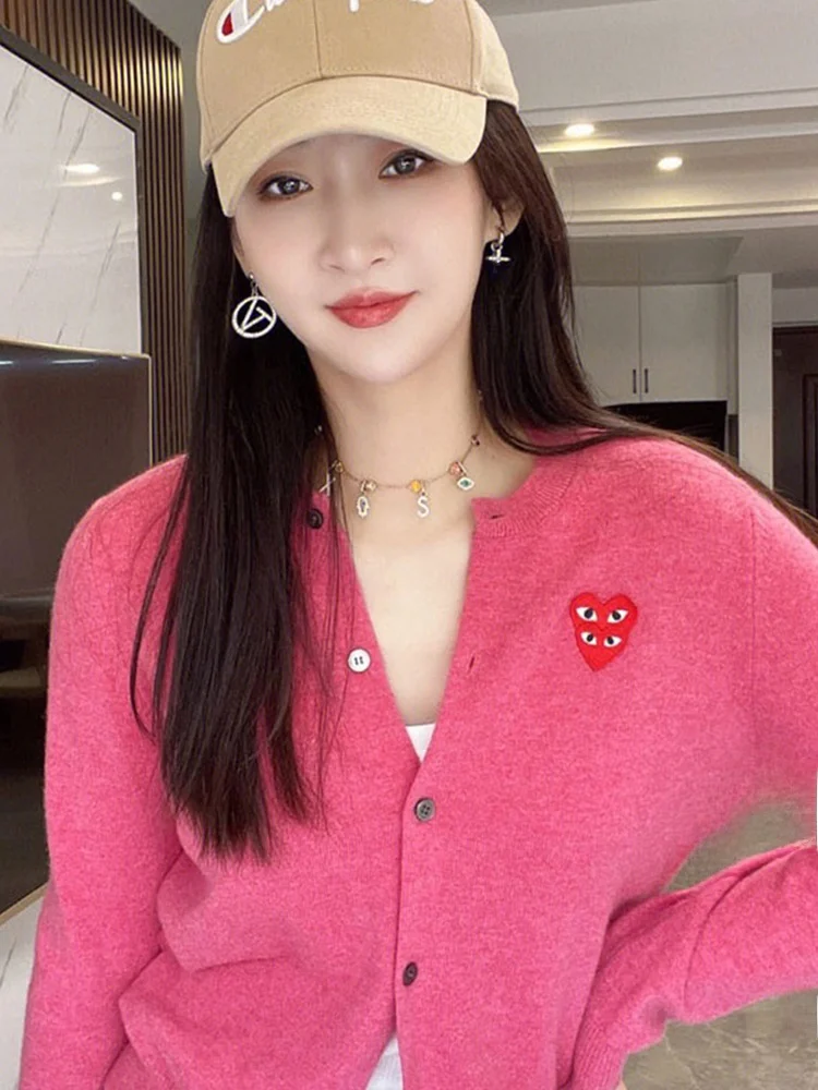 

Plus Size Spring Summer New Sle Japanese Trendy Brand Wool Embroidery Peach Red Heart Knitted Open Cardigan V Ne Long Sve Swe...