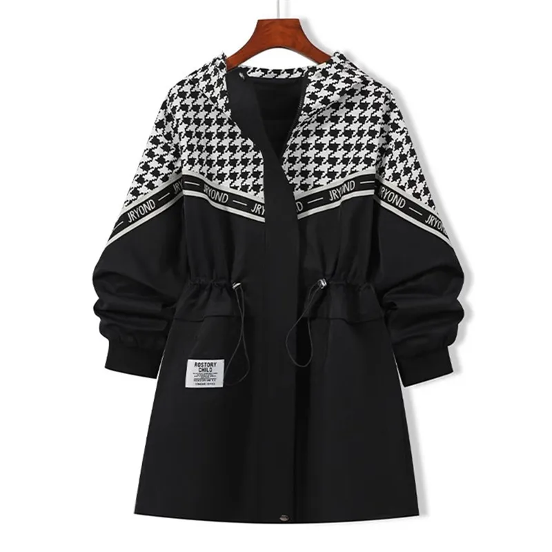 2023 Autumn Women Hooded Trench Coat Houndstooth Print Fashion Spliced Windbreaker Oversize Loose Black Long Trench Coat Female